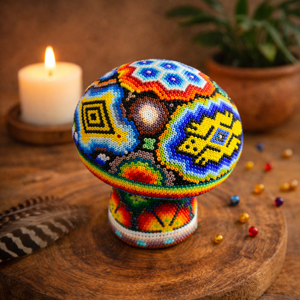 Explora el champiñón huichol, una pieza artesanal que fusiona espiritualidad wixárika y estética contemporánea en una obra única y colorida.